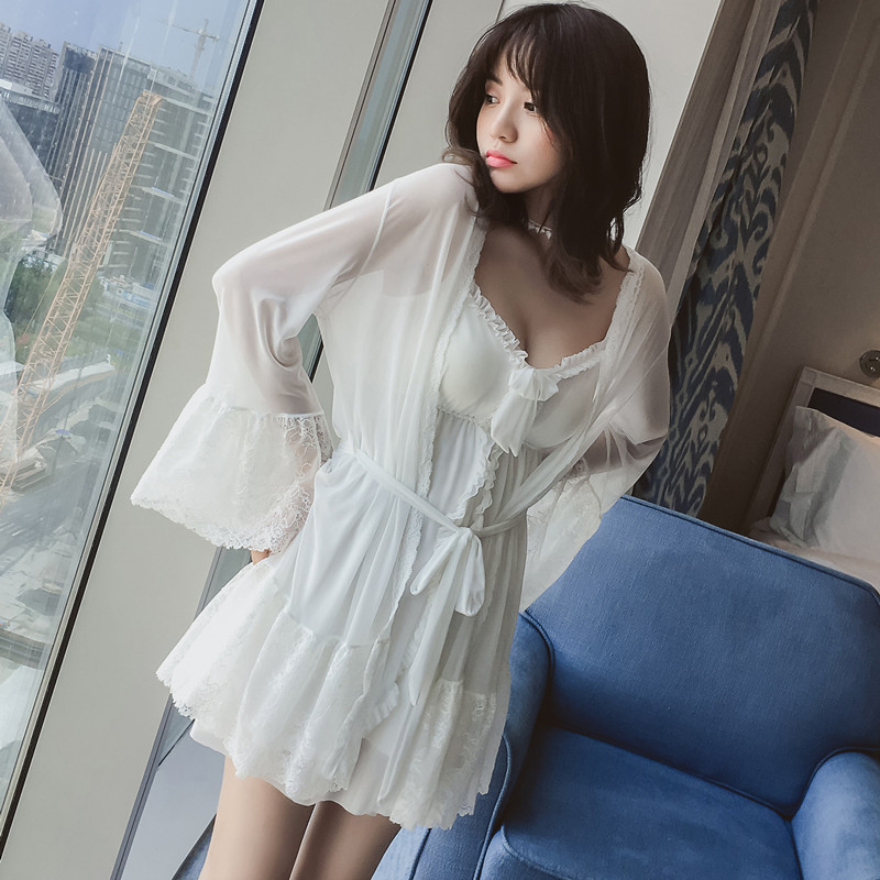 Prinses Wit Gewaad Sets Bruid Bruiloft Effen Kimono Gown 2Pcs Vrouwen Lace Sexy Mini Nachtkleding V-hals Strap Nachtkleding Loungewear