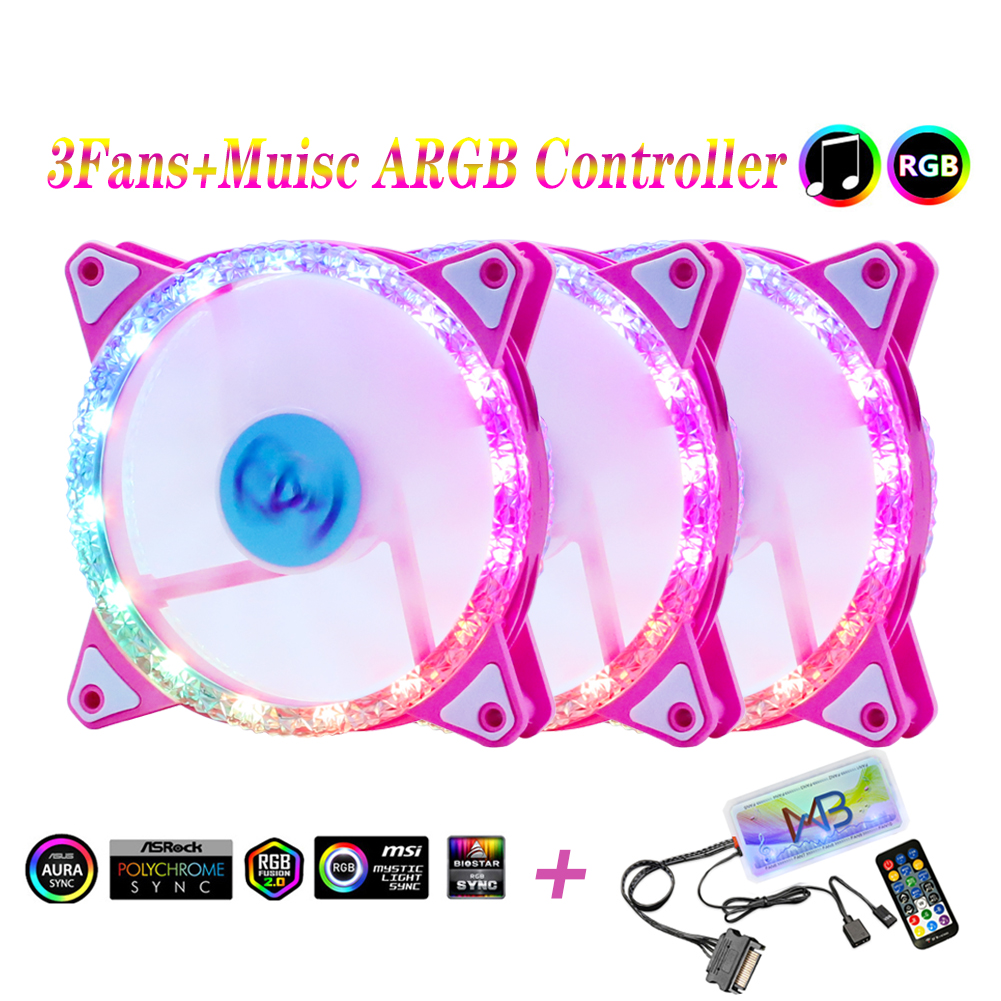 Wovibo-Ventilador silencioso con carcasa LED RGB , Enfriador de CPU de 120mm, Aura Sync, 12V, PWM, 6 pines, Diamante rosa: 3Fans With Music