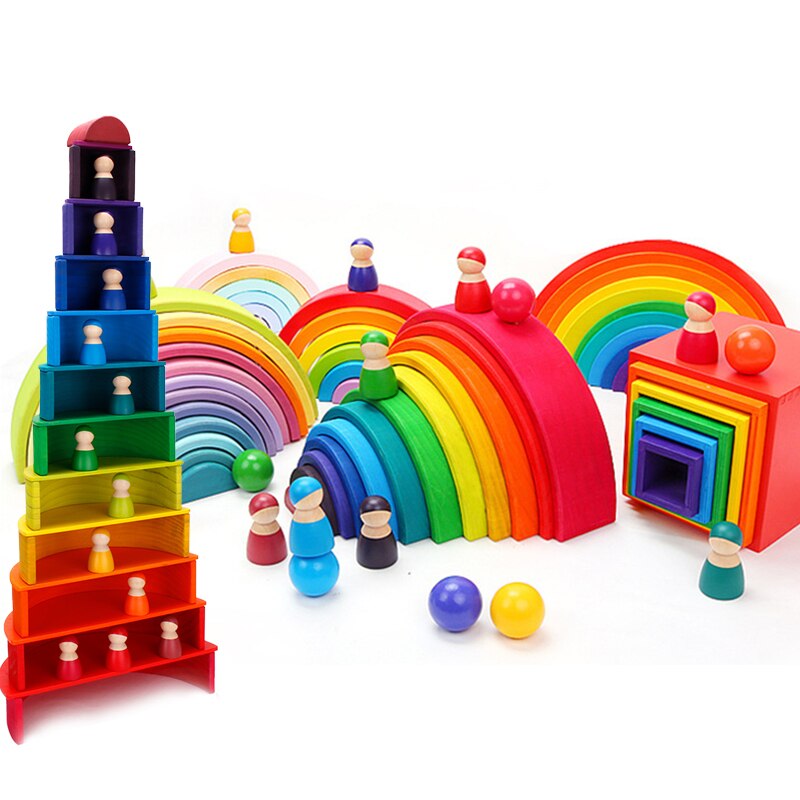 Arcobaleno Bambini Giocattoli Arcoiris Blocchi di Legno Giocattoli Per I Bambini Il Divertimento di Gioco Blocchi di Costruzione Giocattoli Educativi di Legno Montessori