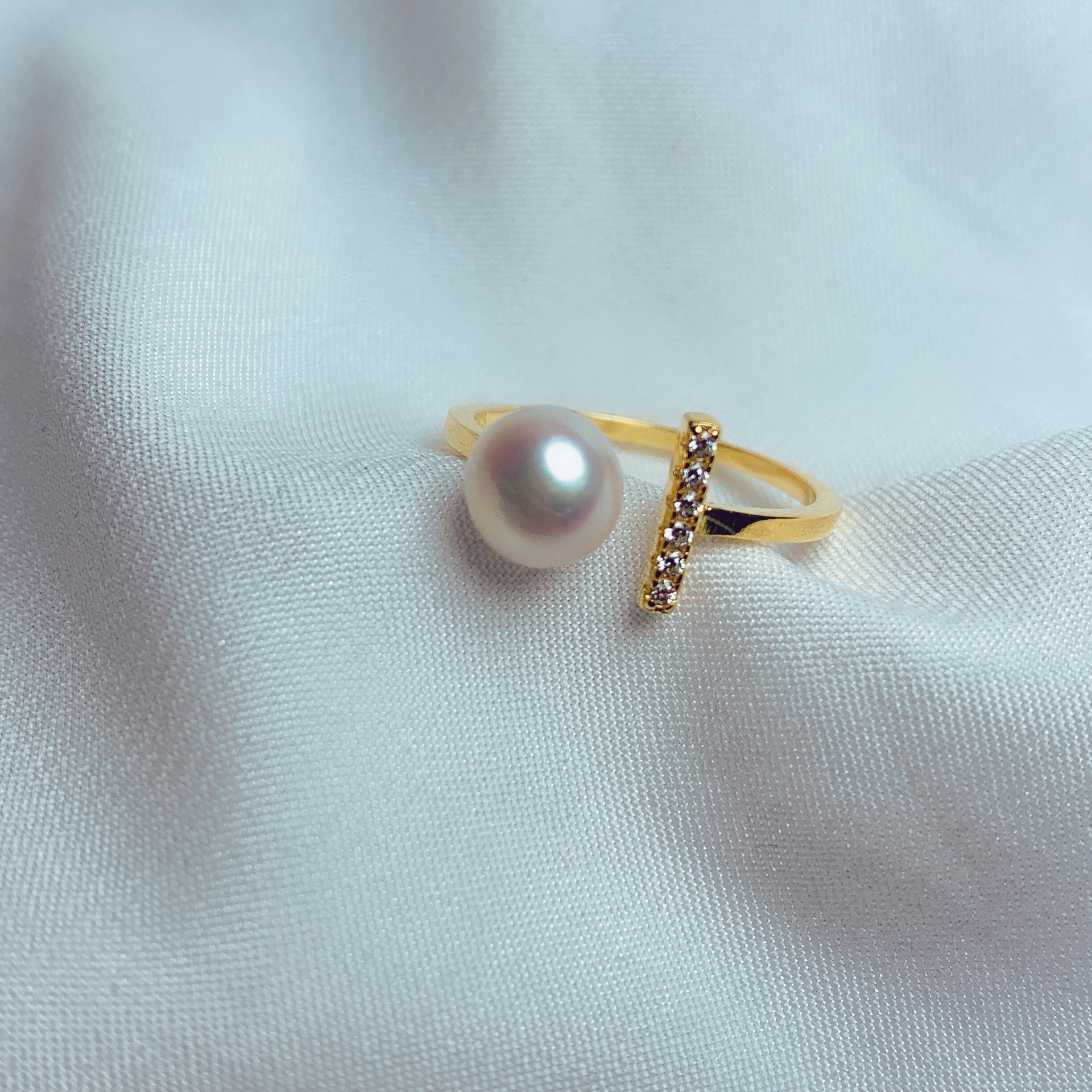 T-shaped natural pearl open gold color ring simple ring 925 sterling silver women's ring party wedding anniversary jewel