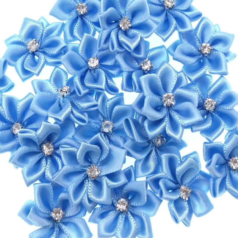 40Pcs Blue Small Satin Flowers Fabric Rhinestone Flowers Appliques Sewing Decoration Wedding Garment 2.8cm
