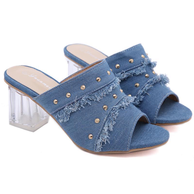 Denim Stud transparent high heels 5cm shoes women slippers peep toe jeans rivet slingback sandals slip on femmes sandalias C867