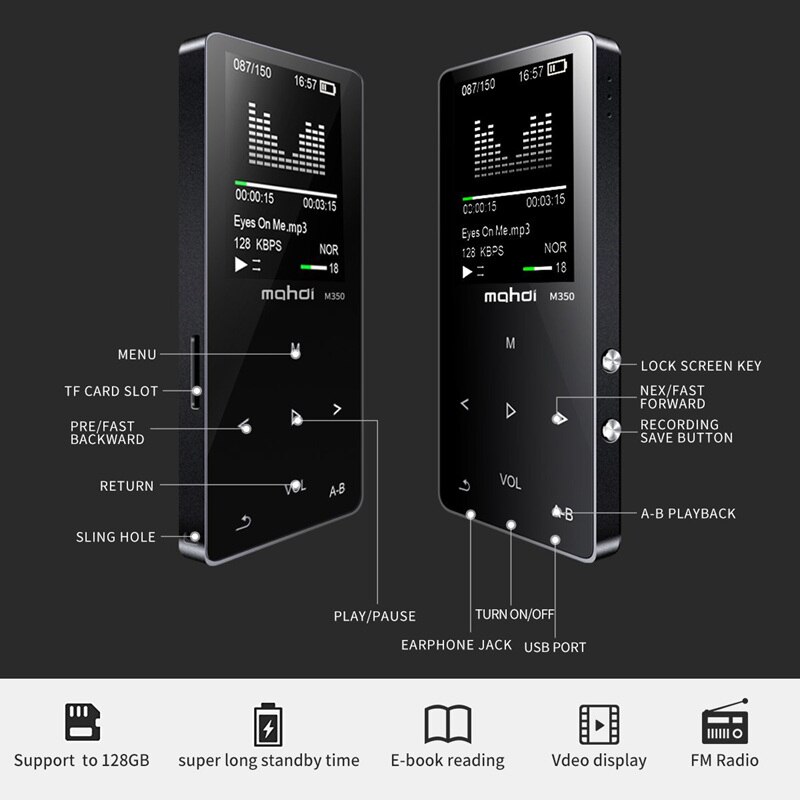 Reproductor MP3 deportivo de Metal con Bluetooth, dispositivo de Audio portátil de 8GB Con altavoz incorporado, Radio FM, APE Flac