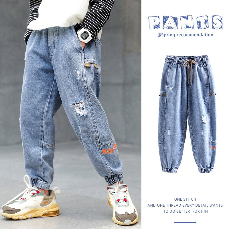 Boys Jeans Kids Boy Letter Print Denim Clothing Classic Long Hole Pants Skinny Jeans Boys Casual Trousers Bottoms