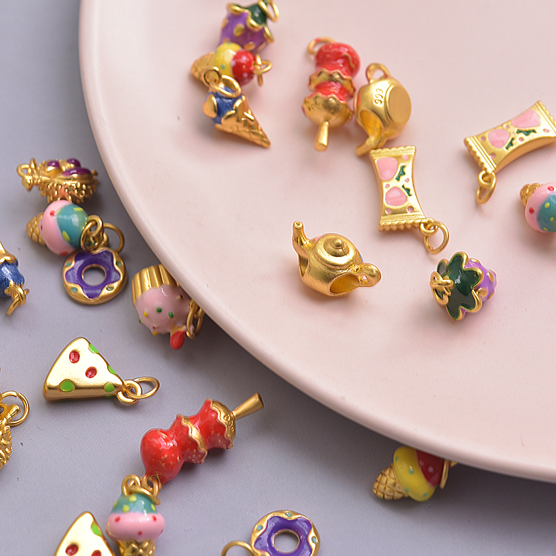 13pcs/Lot Mix Dessert Cake Ice Cream 3D Gold Color Enamel Charms For Jewelry Making Supplies Candy DIY Cute Pendant Accessories