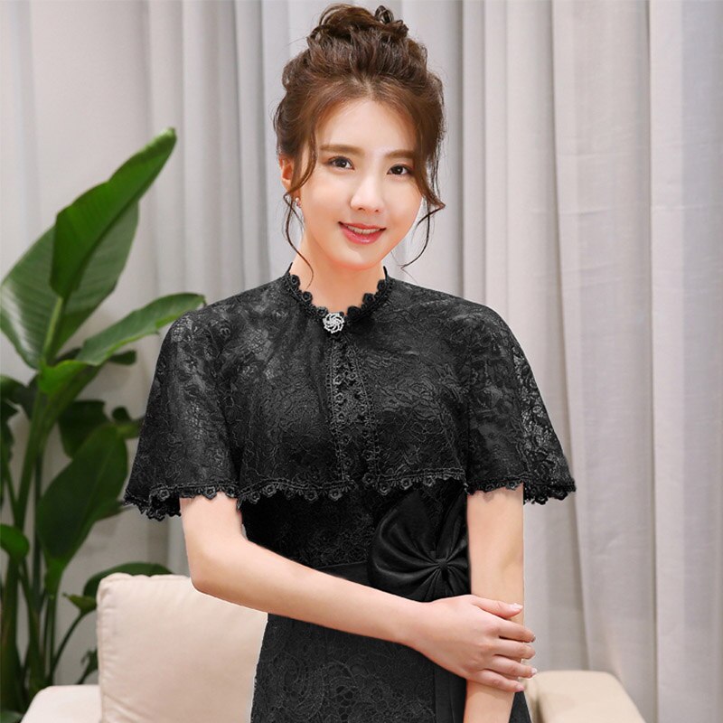 Chal de encaje de 7 colores para mujer, chal para noche, capa para vestido Bolero, chaqueta de boda, boda,: Black