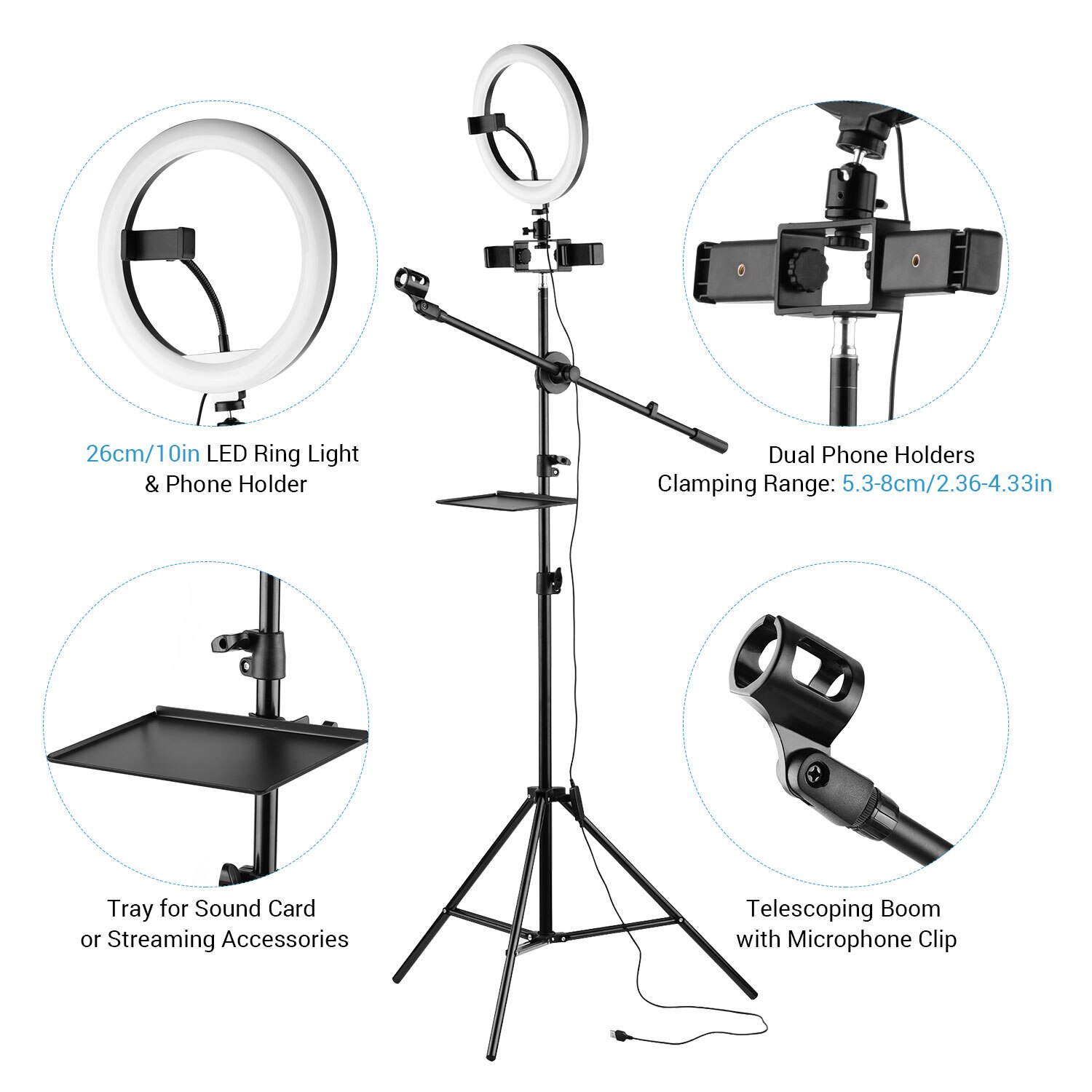 10inch led Ring Light Kit Photography Dimmable 3200-5600K w/ Tripod Ball Head Triple Phone Holders Micropone Arm Remote Shutter