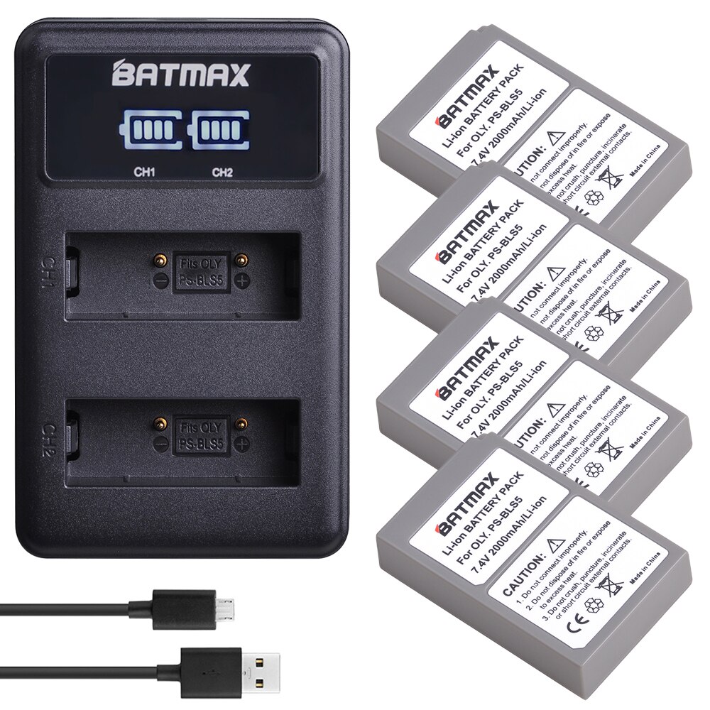 Batmax PS-BLS5 BLS5 BLS-50 BLS50 Batterij + lader voor Olympus PEN E-PL2, E-PL5, E-PL6, E-PL7, e-PM2, OM-D E-M10, E-M10 II, Stylus1: 4battery with charge