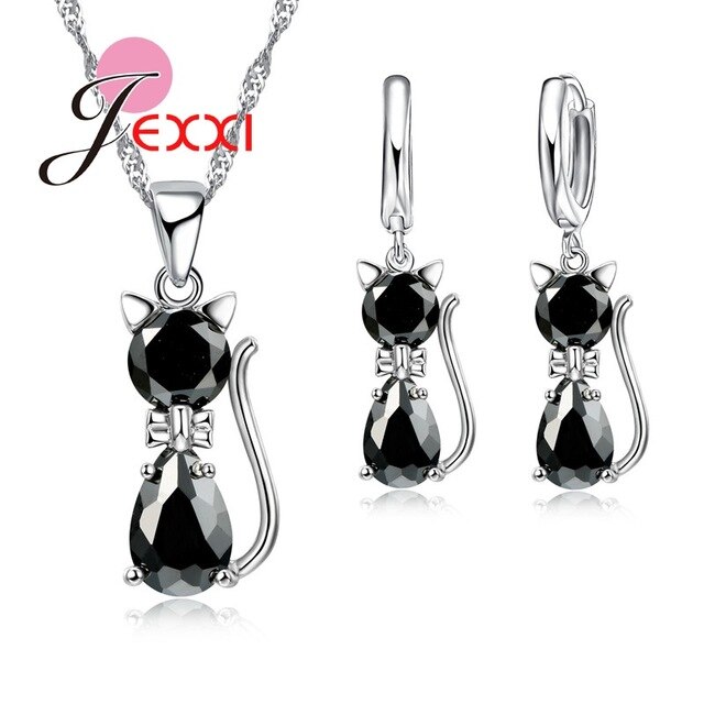 HEIßER Neuheiten Echtes 925 Sterling Silber glänzend Zirkonia Katze Kätzchen Halskette Anhänger Band Ohrringe Schnelles: schwarz