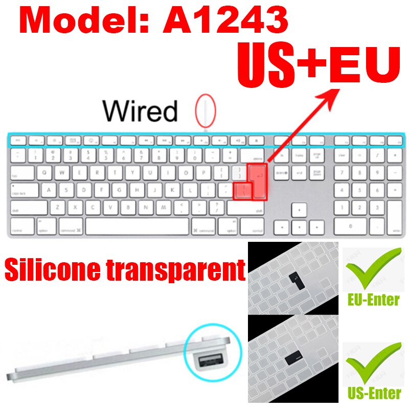 Silicone Keyboard Cover Keypad Skin Protector For Apple Magic Keyboard with Numeric Keypad A1843 MQ052LL/A MB110/B A1243 Imac: A1243 US EU clear
