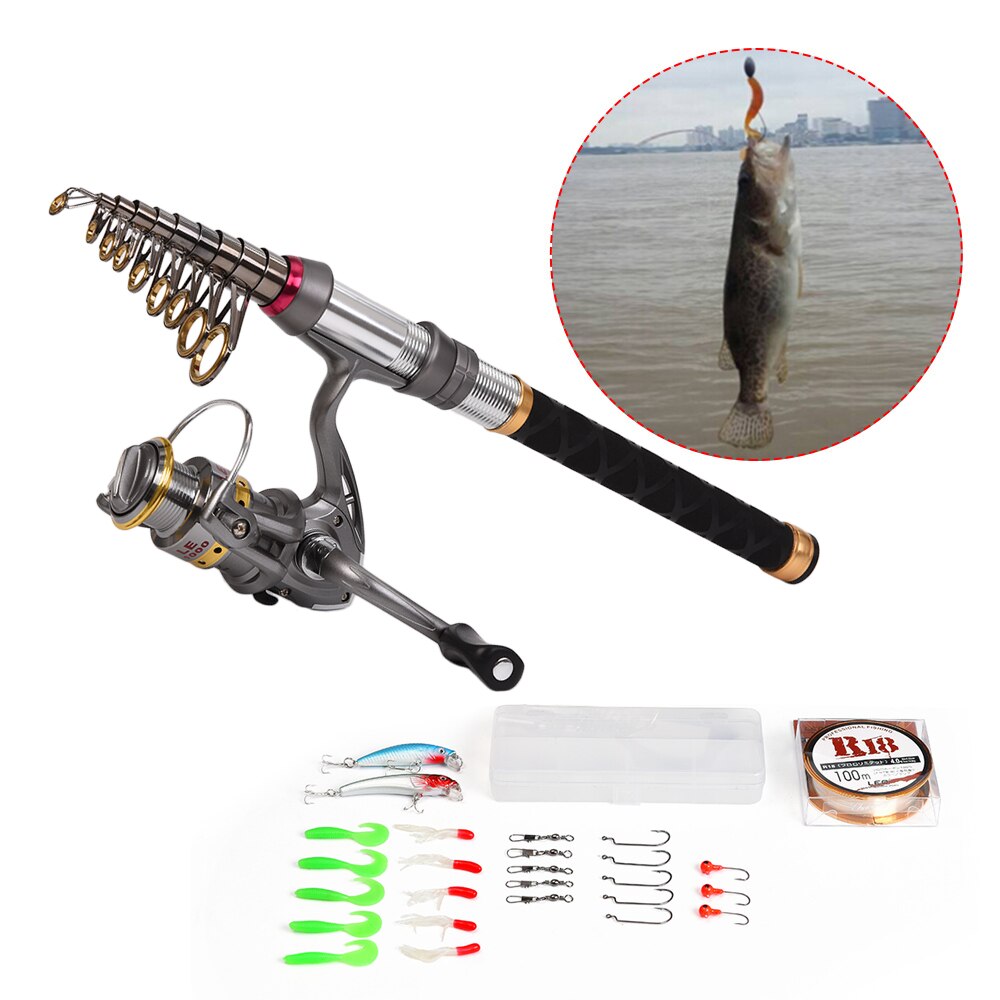Lixada pescar telescópica Combo carrete caña Kit completo carrete giratorio con 100M línea señuelos ganchos de la cabeza de la plantilla de la bolsa para la Pesca