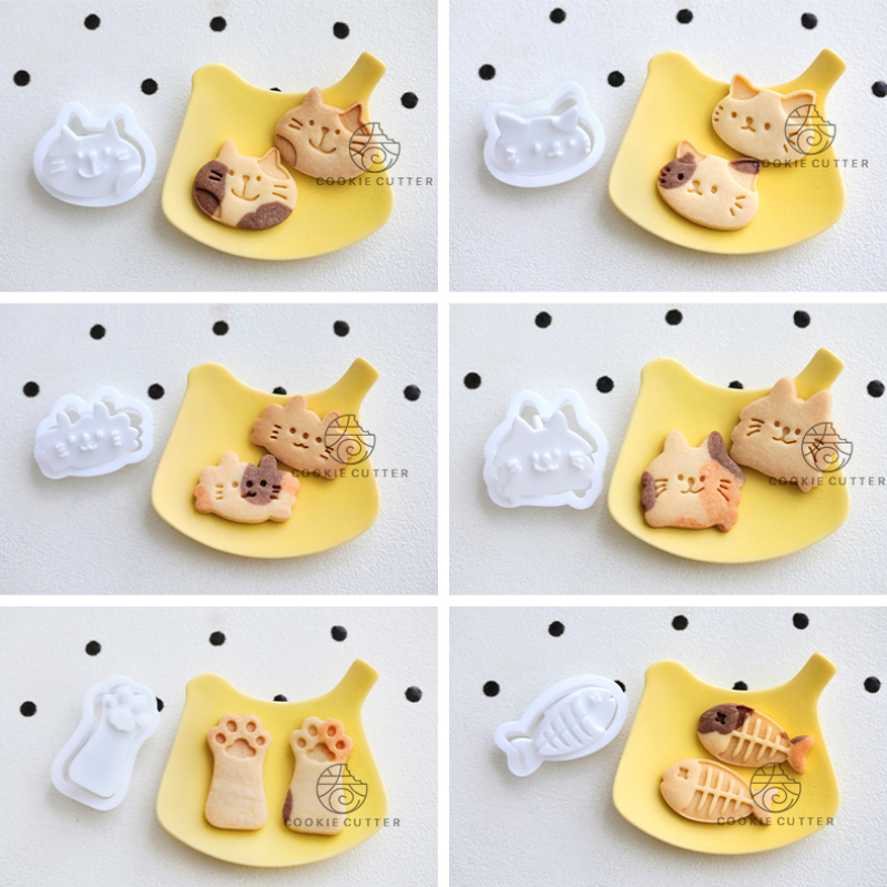 Juego de sellos y cortadores de galletas con forma de gato y pez de dibujos animados, moldes en relieve para galletas con forma de pata de gato, herramientas de decoración de pasteles y Fondant