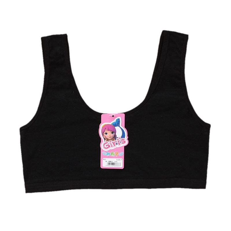 Teenage Puberty Girls Sport Training Bra Sweet Solid Candy Color Double Layer Breathable Kids Cotton Underwear Wireless Bralette: Black
