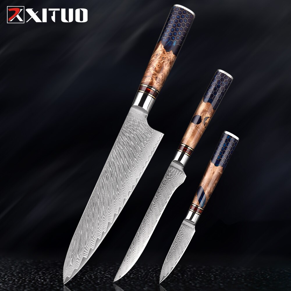 XITUO-Juego de cuchillos de cocina de acero damasco, 67 capas, afilados, duraderos, cuchillo de corte multifuncional, mango de panal de resina azul