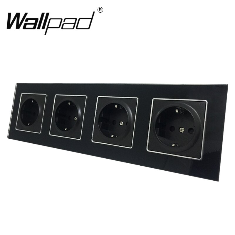 Cuádruple Enchufe europeo caja redonda montaje CE Wallpad cristal negro de lujo 4 Marco 16A EU enchufe eléctrico estándar con garras: 4 eu socket