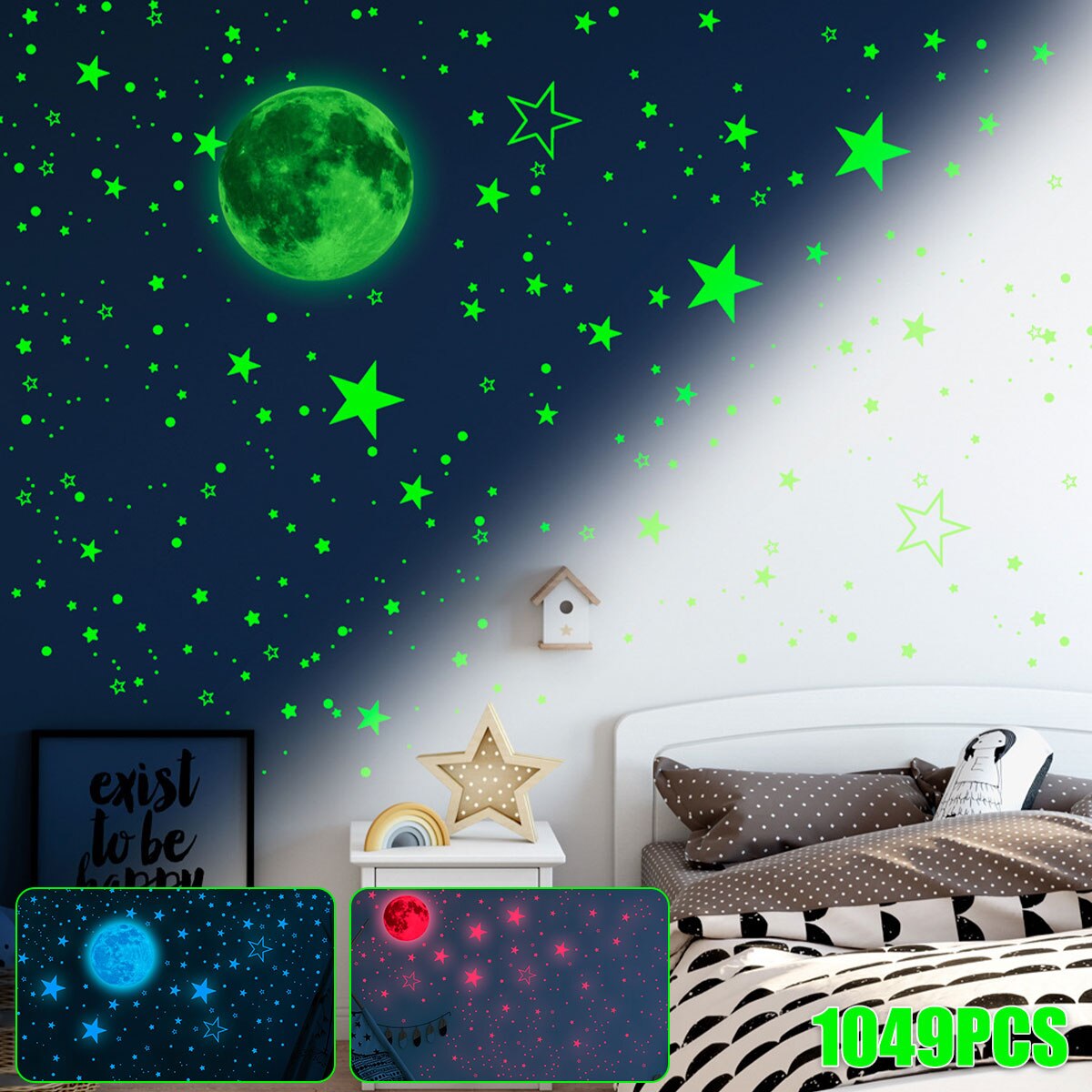 1049Pcs Glow in The Dark Stars and Moon Wall Stickers Adhesive Glowing Stars Beautiful Wall Decals Kids Room Ceiling Walls Decor