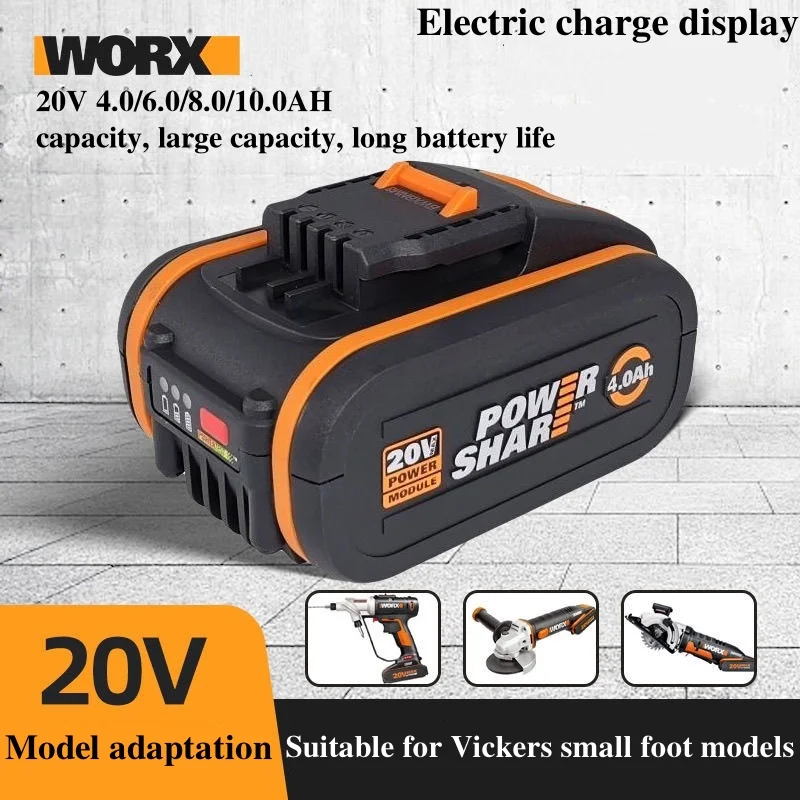 För worx 20 v 4.0/6.0/8.0/10.0ah litiumbatteri, laddningsbart,  wa3553 wa3551 wa3553.1 wa3570 för alla worx elektriska och trädgårdsverktyg