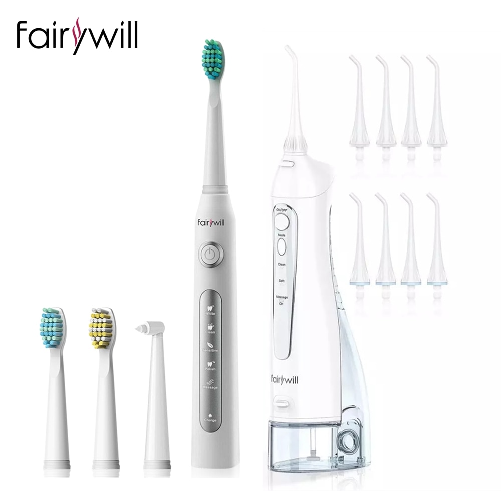 Fairywill Electric Water Flosser & Sonic Toothbrush USB Charge 5 Modes 3 Brush Heads Waterproof Toothbrushes Teeth Cleaner