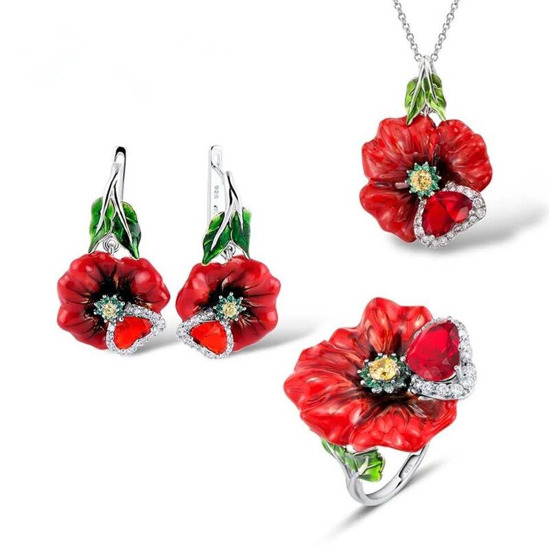 Women Bohemia Red Flower Enamel Jewelry Set Heart Shape Romantic Silver Pendant Necklace Ring Earrings Sets Wedding Jewelry: Ring Size 10