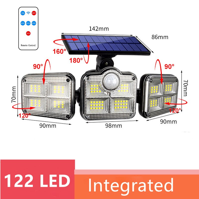 Solar Led Light Outdoor Waterproof Motion Sensor Solar Garden Lights 3 Heads Powerful Outdoor Lighting Solar Energy Wall Lamp: 122 SMD Integrated