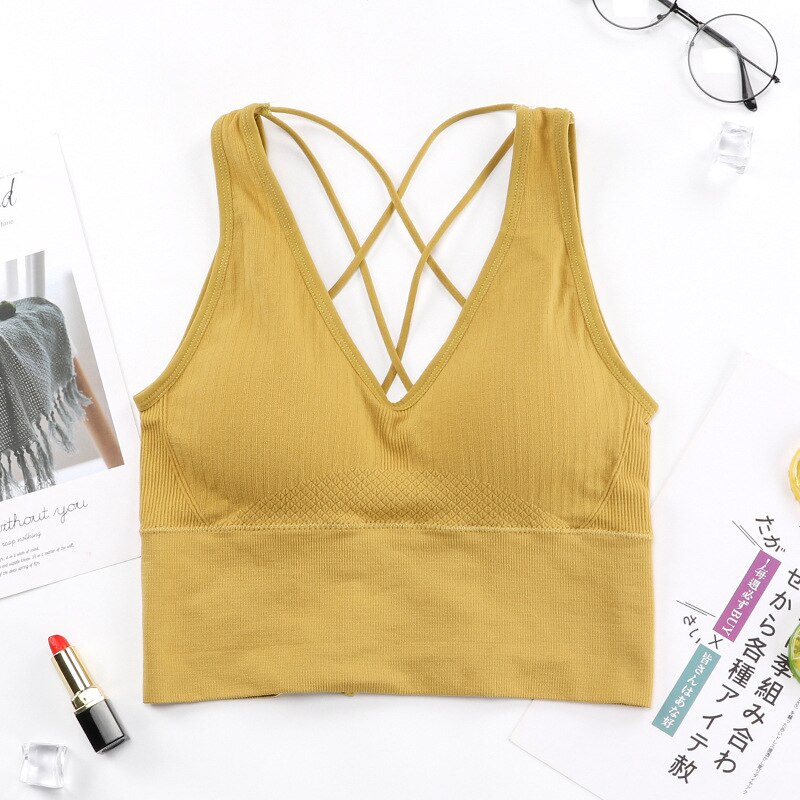 Svokor Vrouwen Mooie Terug Sport Hemdje Met Dunne Schouderbandjes Draadloze Kruis Ondergoed Open Back Tube Top: Yellow