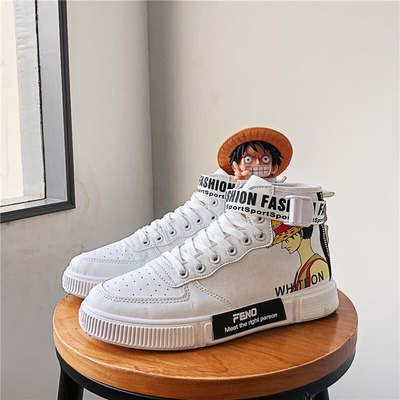 PARZIVAL Men's ONE PIECE Shoes Sneakers Anime PU Leather Classic High Top Men Vulcanized Shoes Cosplay Casual Men's Boots Male: White / 41