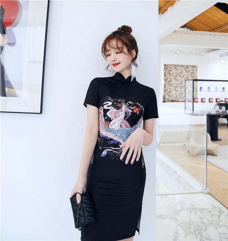 Cheongsam negro moderno vestido chino de verano Qipao rojo coronado dibujo de calavera ropa tradicional de talla grande Vestidos: S