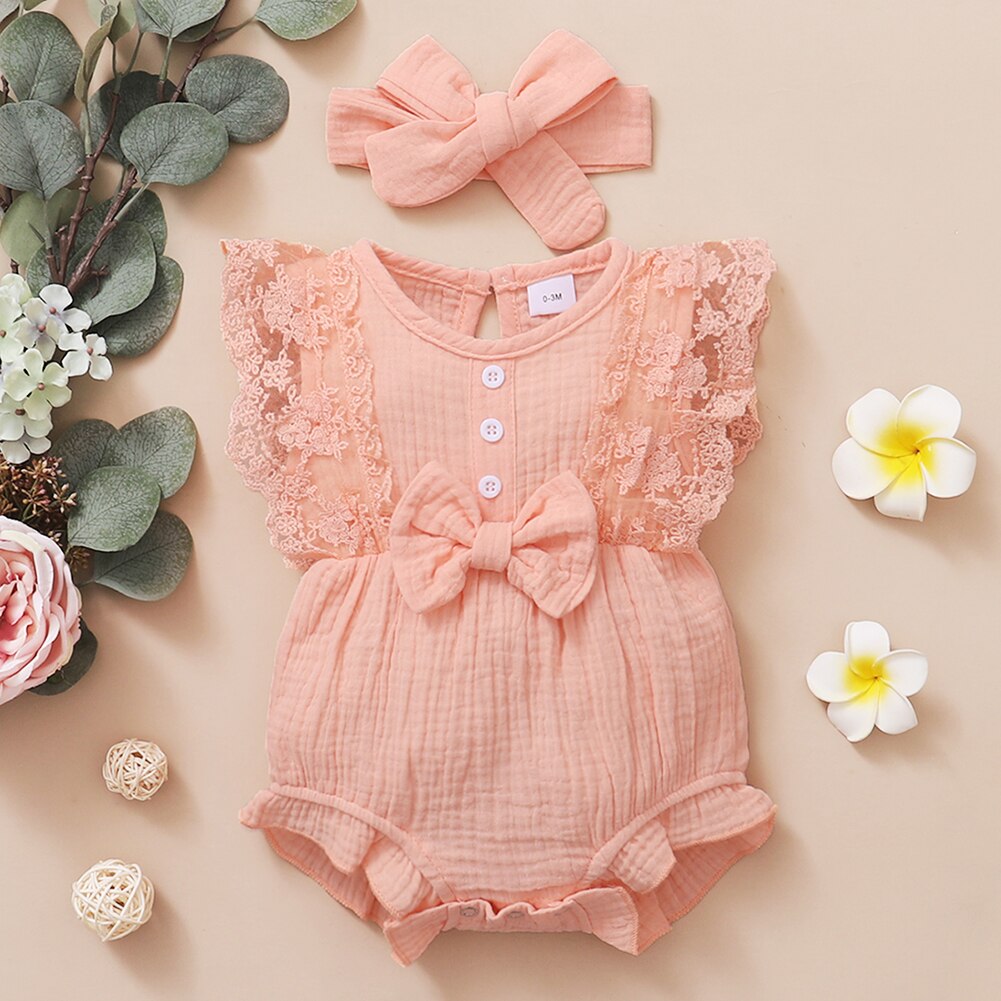 Baywell – body à volants en dentelle pour bébés filles, joli nœud papillon + bandeau en coton et lin, combinaisons sans manches pour nourrissons, vêtements doux pour tout-petits