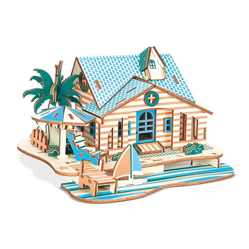 Wooden 3D three-dimensional handmade diy wooden puzzle cottage model children's toys: Blue