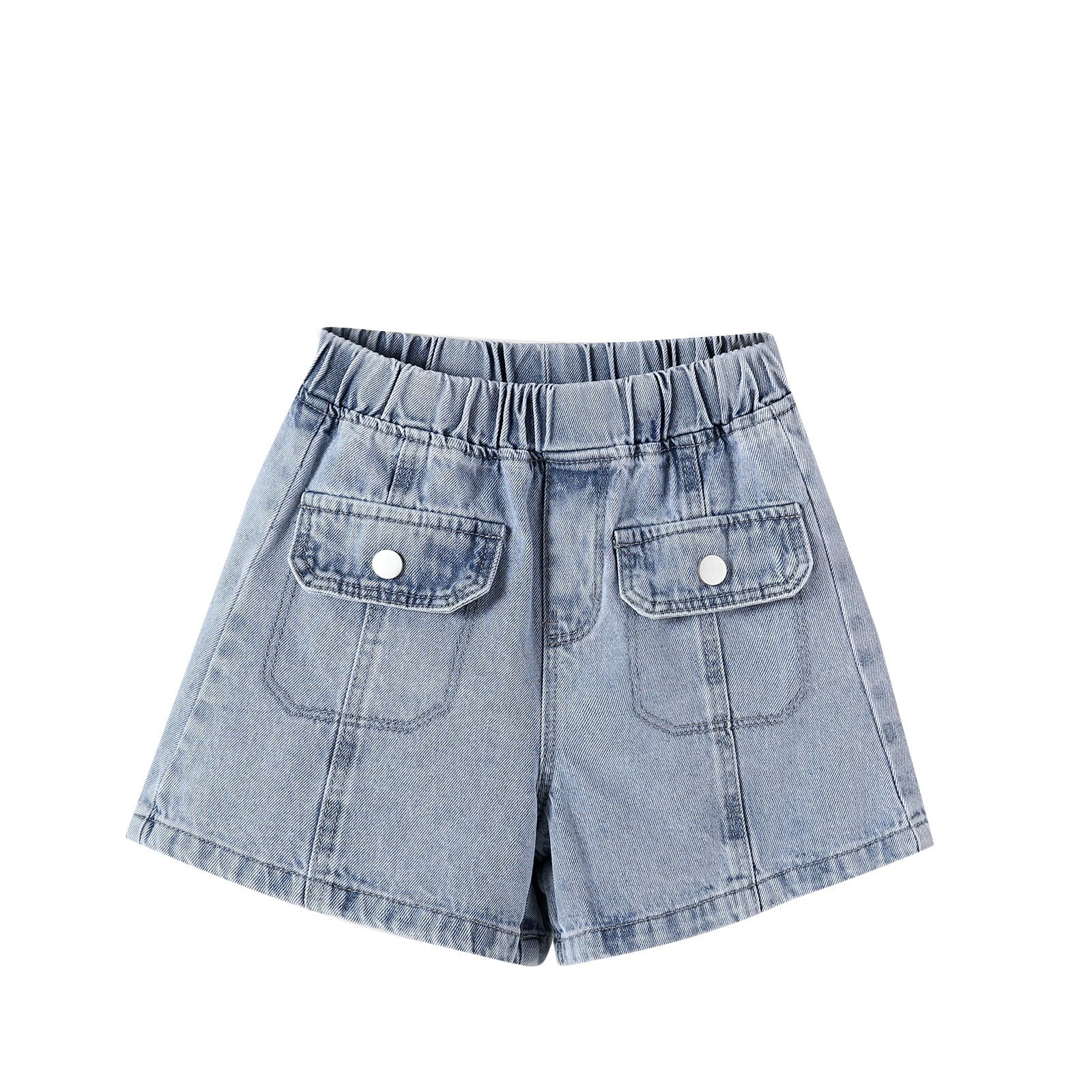 Baby Girl Loose Jeans, Summer Solid Color Shorts with Button Flap Pockets (Blue)