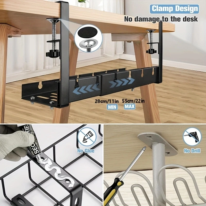 Un organizador de cables flexible retráctil para escritorios Un cesta de bandeja de cables no perforada para gestión de cables