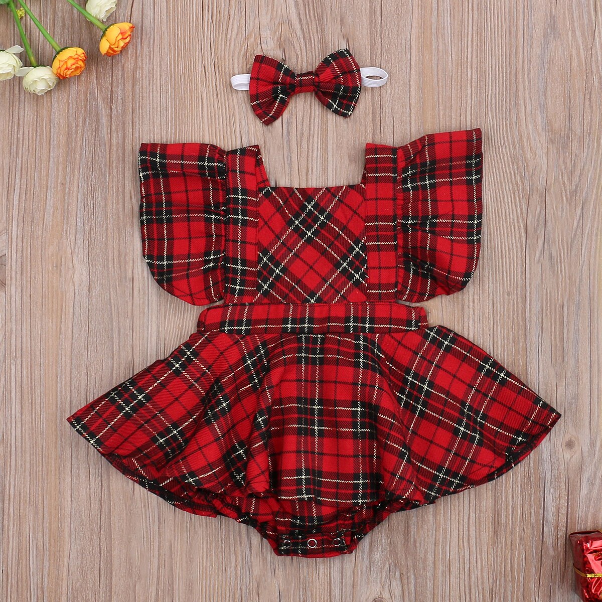 Noël 0-24 mois bébé filles garçons barboteuses + bandeau 2 pièces costume Plaid imprimé volants manches courtes dos nu combinaisons de noël