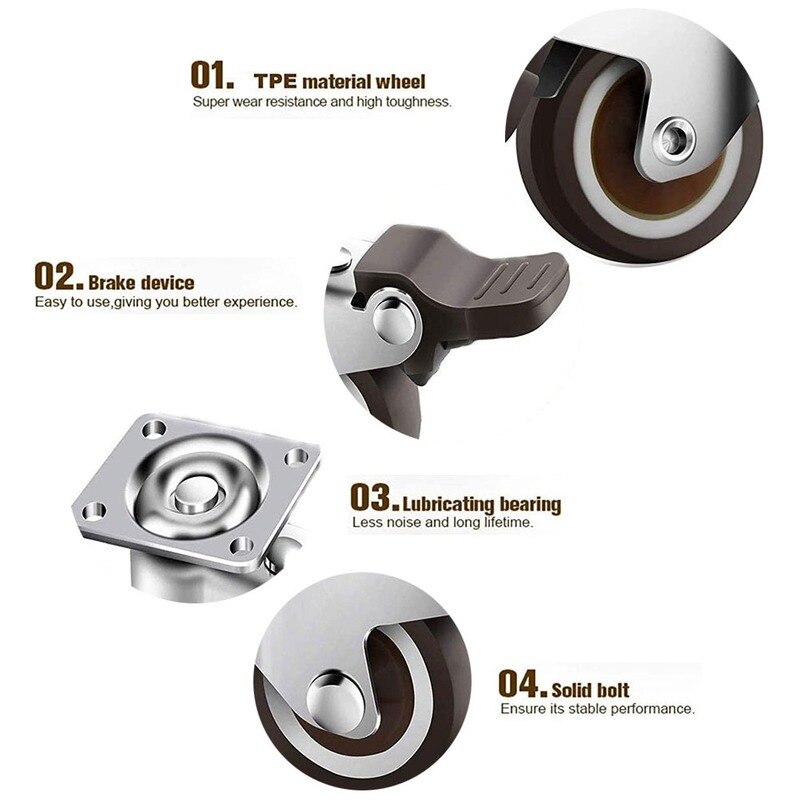 4PCS Caster Wheels With Brakes Noiseless Rubber 1 Inch Swivel Moving Dolly Wheels For Furniture Cabinet Trolley Caster Trolley