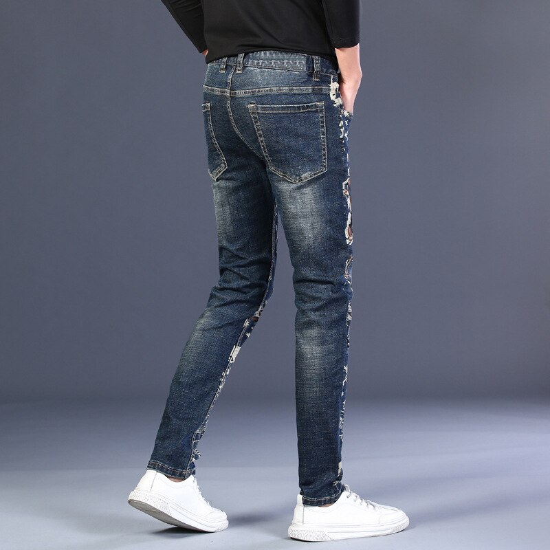 Men's Embroidery Painted Jeans Stretch Denim Slim Pencil Pants Embroidered Trousers