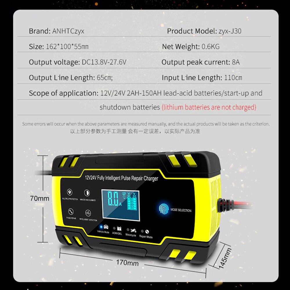3 ladung stufen Volle Automatische Auto Batterie Ladegerät 12V 8A 24V 4A Clever Schnelle Energie Ladung Nass Trocken blei Säure Digital LCD Anzeige