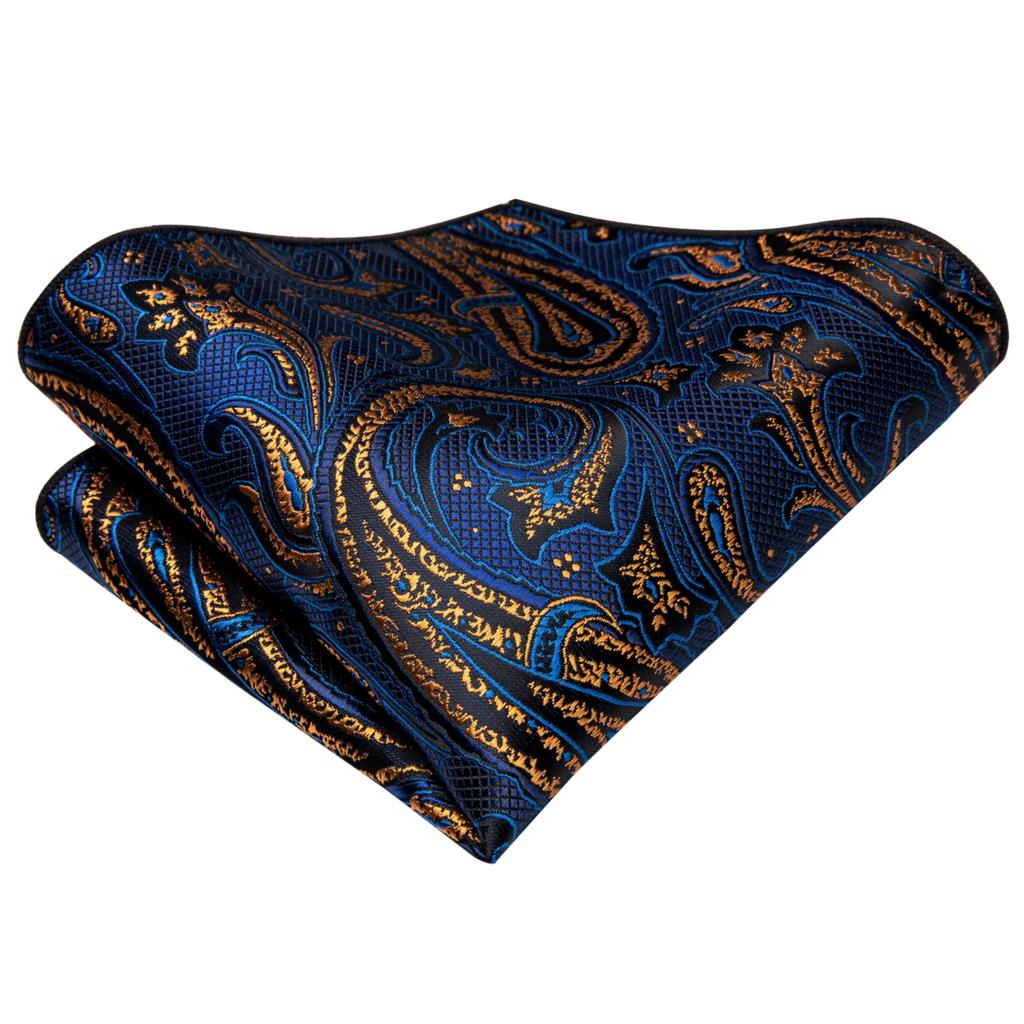 Business Navy Blue Gold Paisley Silk Wedding Tie For Men Handky Cufflink Mens Necktie Party Hi-Tie