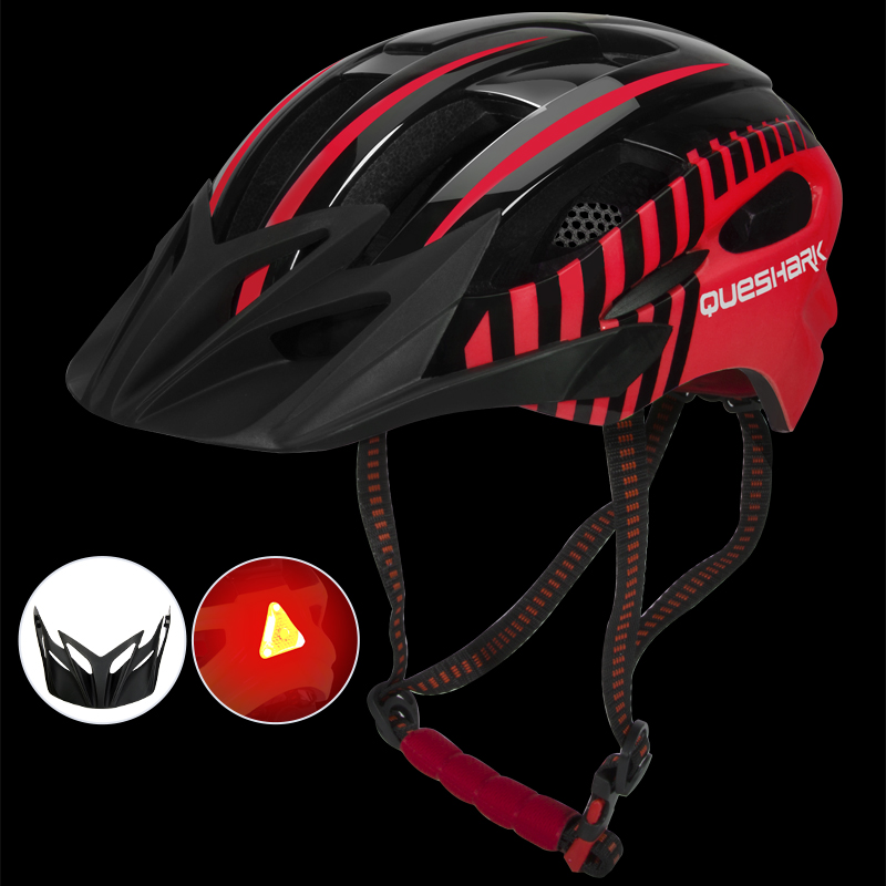 QUESHARK Männer Frauen Ultraleicht Radfahren Helm LED Rücklicht MTB Rennrad Fahrrad Motorrad Reiten Sicher Kappe Mit Sonnenblende: QE124 rot