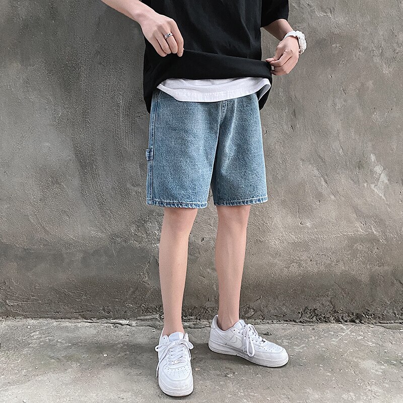 Pantalones cortos vaqueros de pierna ancha de estilo coreano para hombre, Vaqueros cortos holgados, rectos e informales, ropa de Retro, novedad de verano 2022