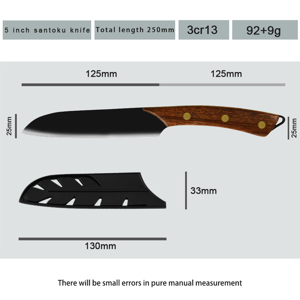 Damask Stainless Steel 5PCS Black Matte Hollow Blade Kitchen Knife Set Chef Knife Slicing Knife Wood Handle Kitchen Cleaver: 5 inch santoku