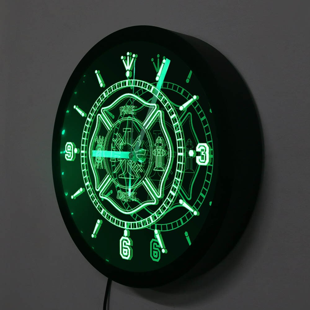 Fire Rescue Fire Dept.LED Lighted Wall Clock Maltese Cross Firefighter Sign Color Changes Lighting Wall Decor Firehouse