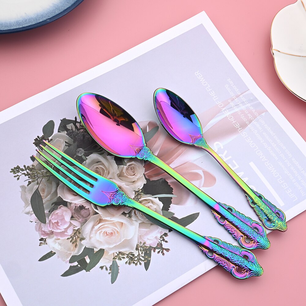 24Pcs Dinnerware Set Knives Fork Tea Spoon Dinner Tableware 304 Stainless Steel Purple Cutlery Set Kitchen Flatware Silverware