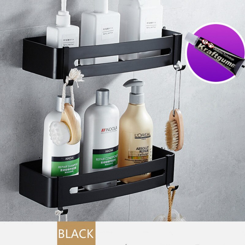 Badkamer Planken Keuken Hoekplank Muur Gemonteerde Aluminium Zeepbakje Bad Douche Plank Bad Shampoo Houder Wandmodel: 2pcs B black