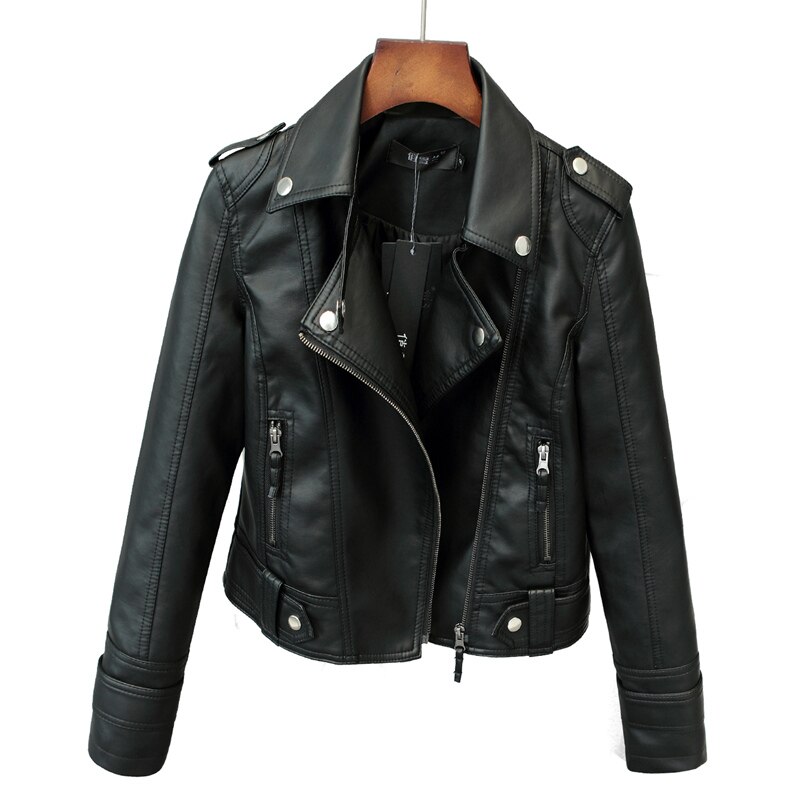 Kunstleren jack voor dames, geschikt voor herfst en winter, leren jas met capuchon, retro-motorjas, winddicht, warm, met dikke ritssluiting, overgangsjas, zwart, S