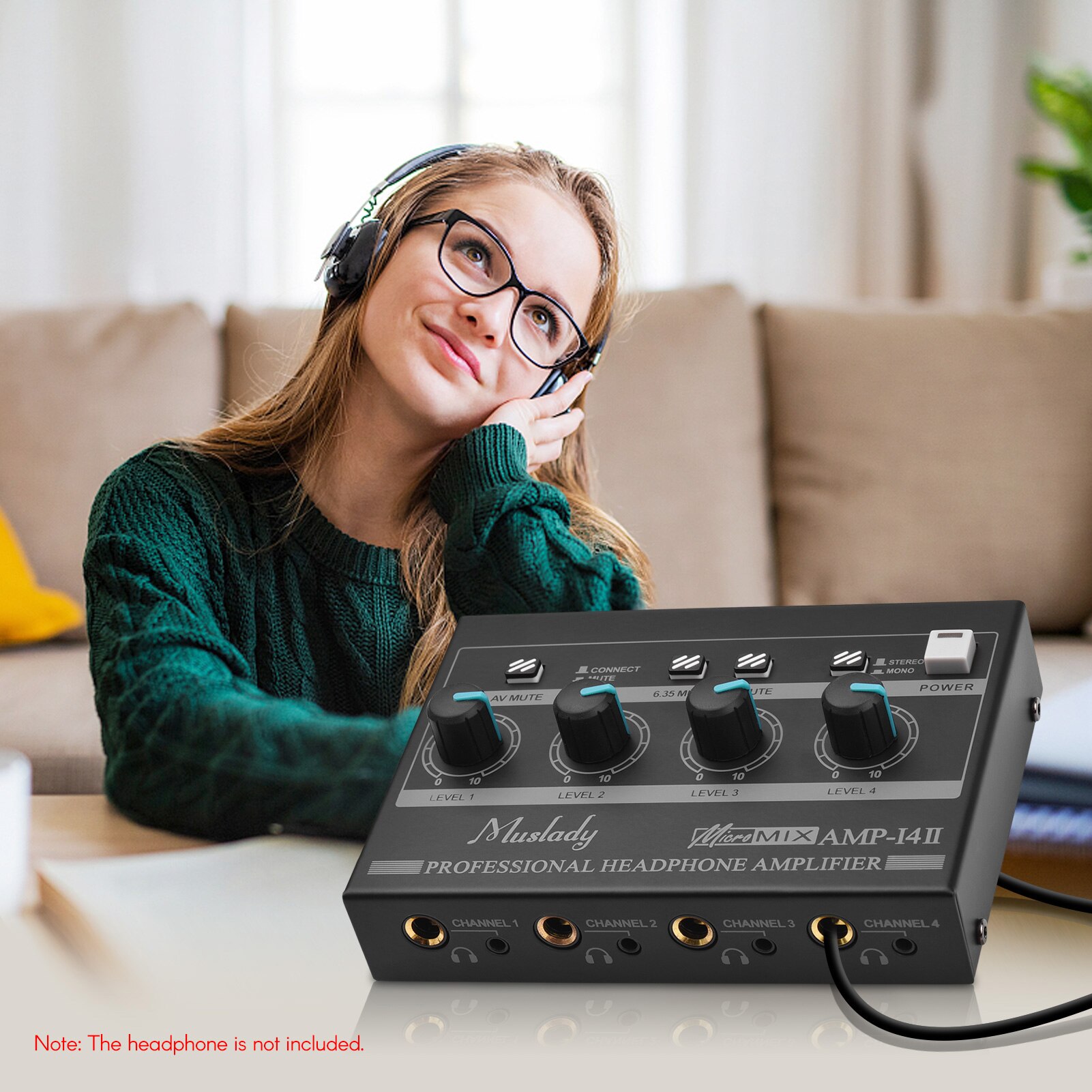 Muslady AMP-14 4-Channel Headphone Amplifier Compact Stereo Headphone Amp with RCA/6.35mm/3.5mm Input Volume Control