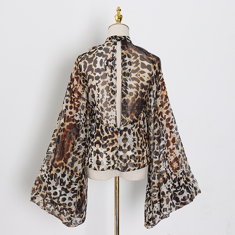 Twotwinstyle perspektiv chiffon print leopard sløjfe skjorte til kvinder o hals lanterne langærmet bluse kvinde forår