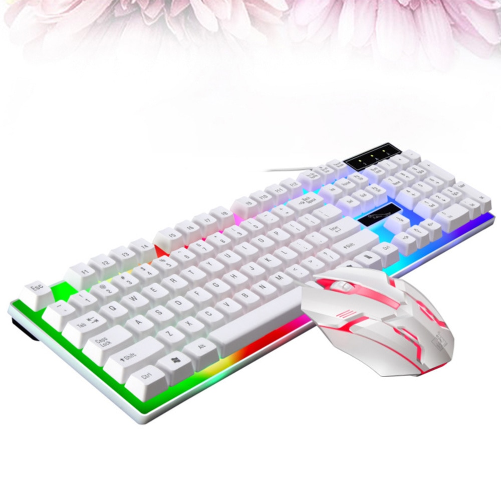 Wired Gaming Keyboard Mouse Set Colorful Backlight Computer Game Keyboard Mouse Gaming Accessories (White)