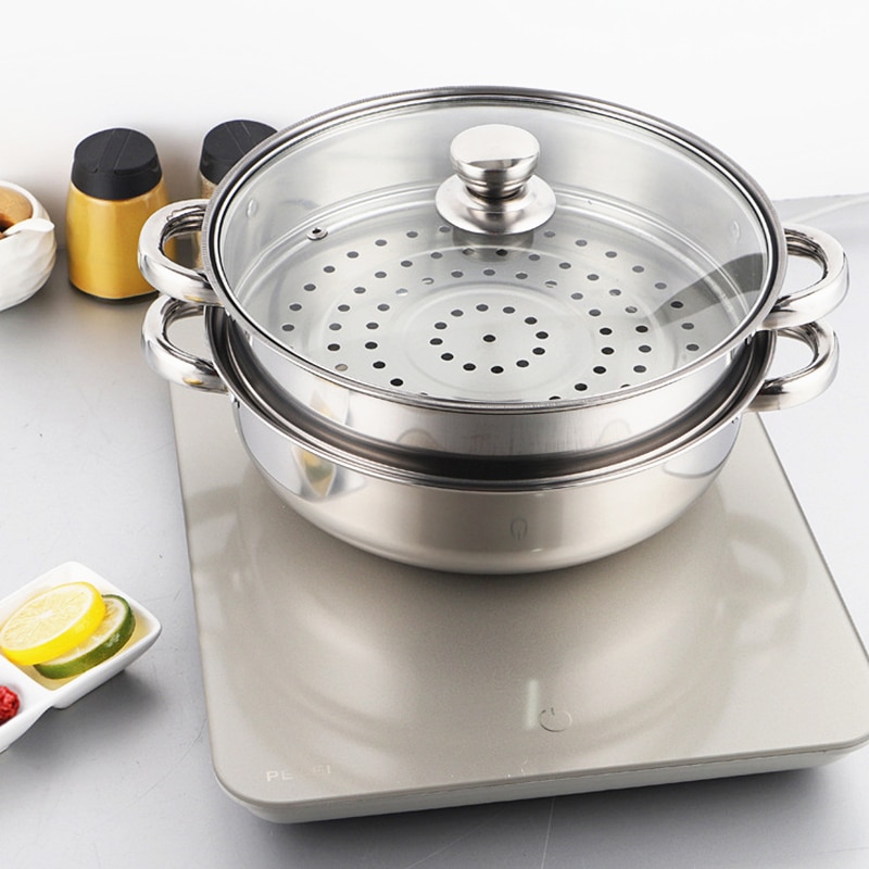 28cm Double Layer Stainless Steel Food Steamer Pot Cooker Rice Noodle Roll Steaming Soup Cooking Pan Kitchen Cookware