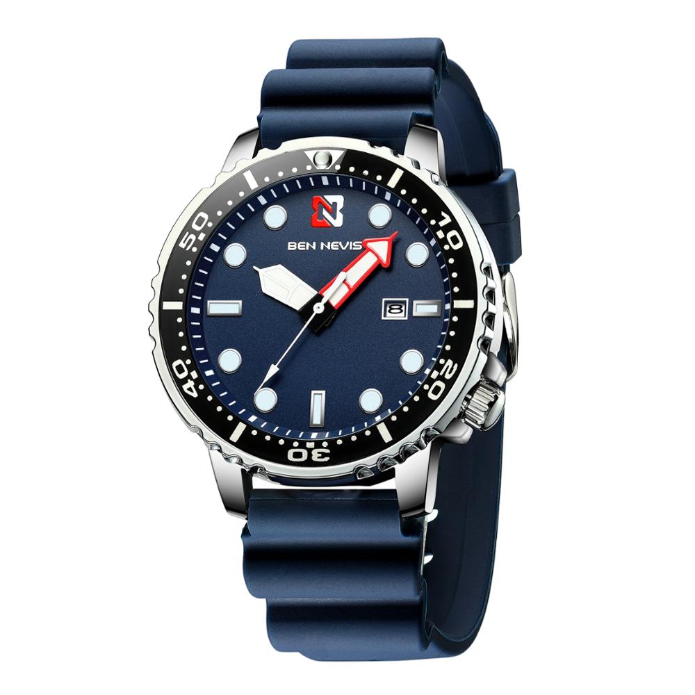 BEN NEVIS-reloj deportivo de lujo para hombre, de cuarzo, resistente al agua, con fecha de silicona, luminoso, caja de: Blue