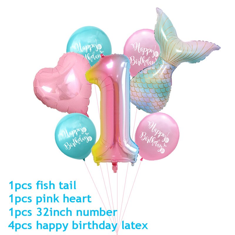 7pcs/lot Mermaid Party Balloons Number Foil Balloon Kids Birthday Party Decorations Baby Shower Decor Helium Globos supplies: 1