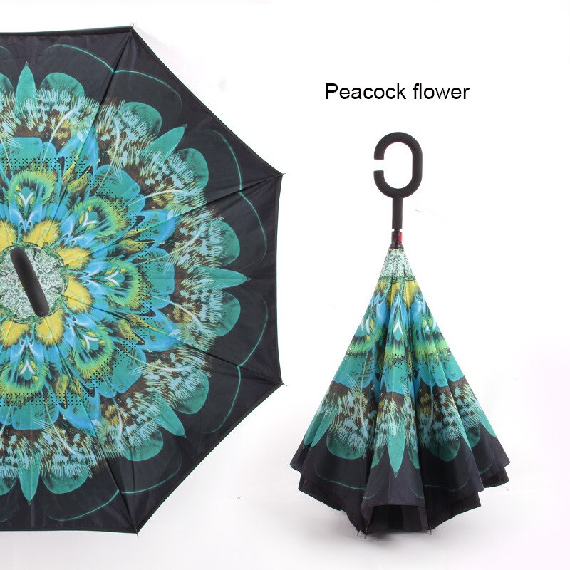 Paraguas plegable inverso resistente al viento, paraguas para hombre y mujer para lluvia y sol, paraguas con mango en C invertido, soporte autónomo para Anti UV de doble capa: peacock flower